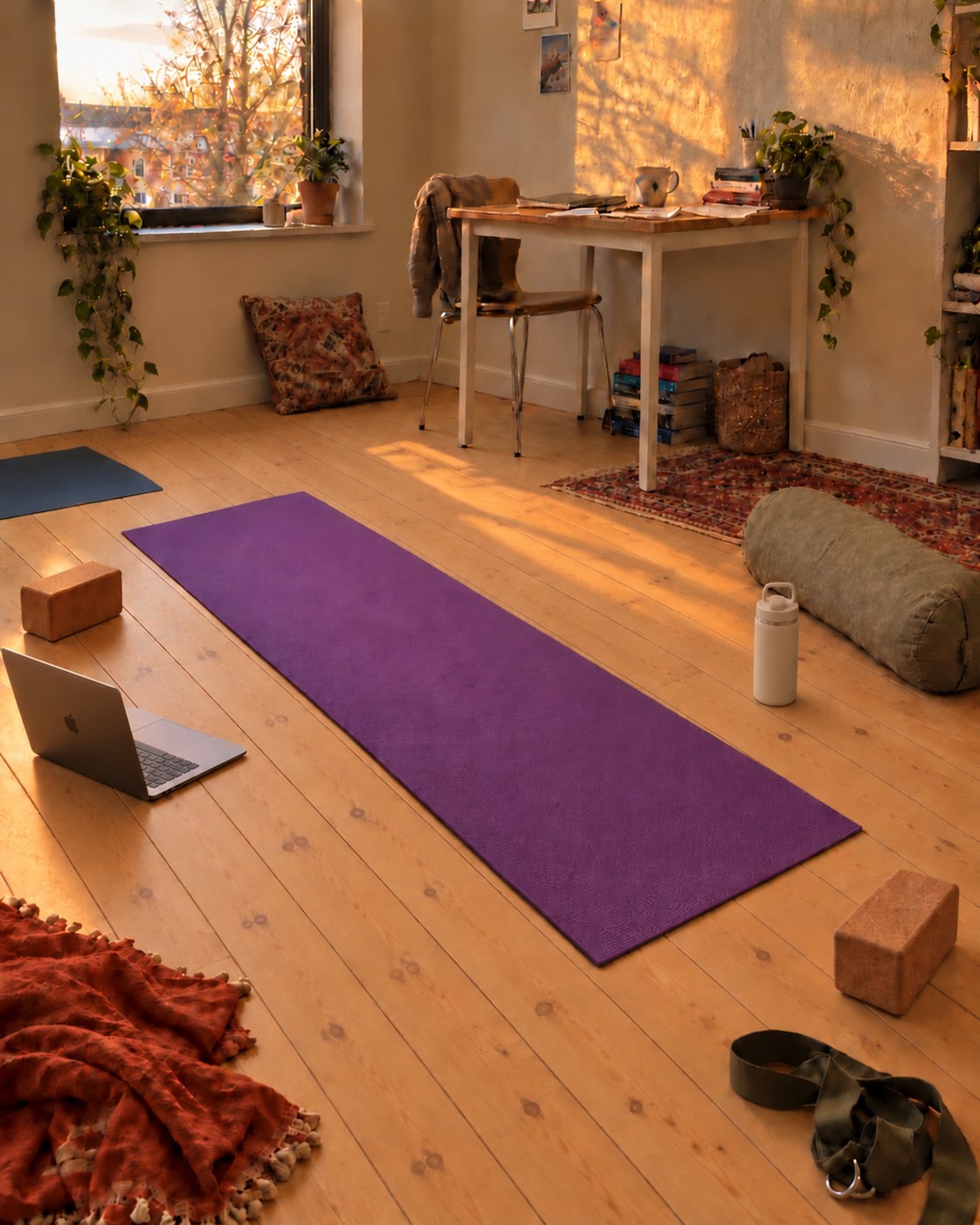 A lived-in home yoga corner with an open MacBook ready for Zoom, a neutral water bottle, purple mat, orange blanket and bolster in warm evening light
